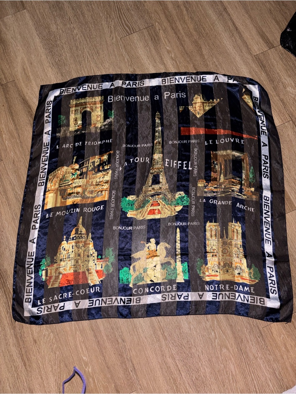 Vintage Paris Souvenir Scarf 38" Square Chiffon Eiffel Tower Blue c2